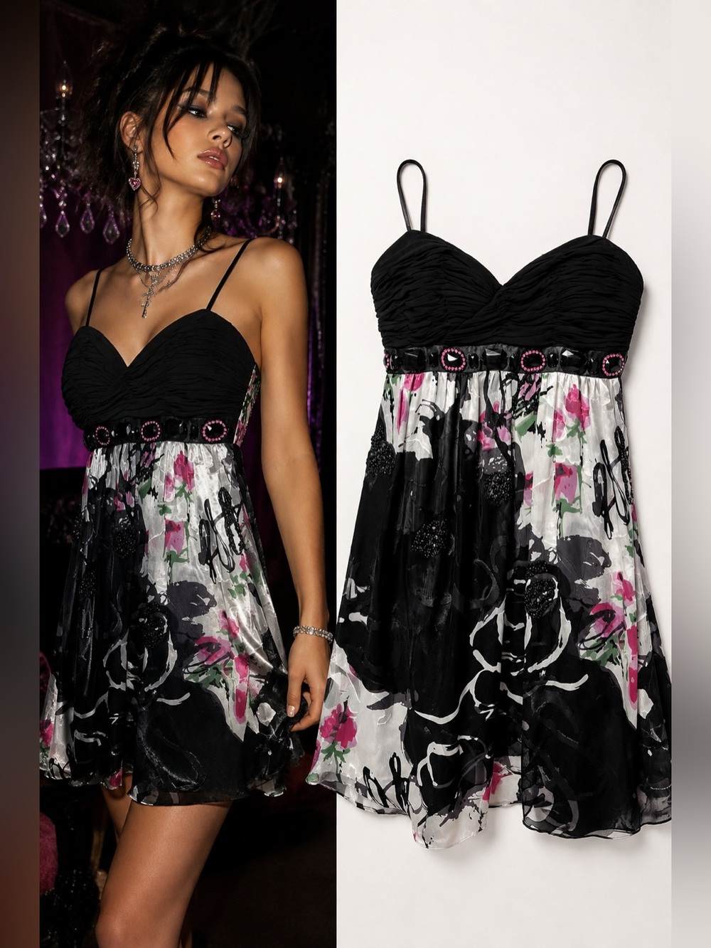 Dave & Johnny Y2K Silk Floral Rhinestone Beaded Mini Party Dress Size 6 Vintage